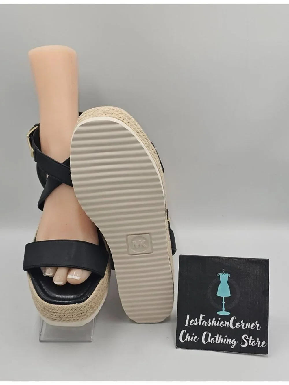 NWOB Michael Kors Women's Black Leather Lowry Espadrille Sandals Size 10 3720